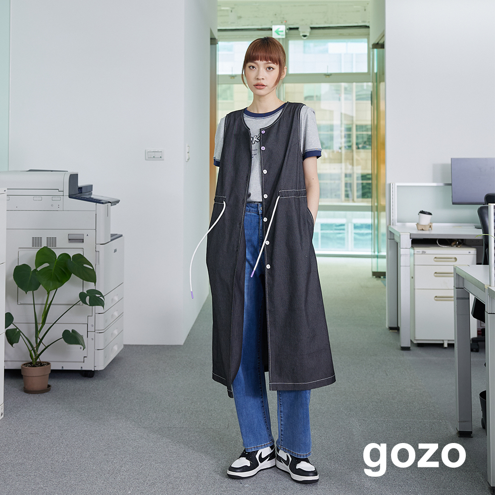 【gozo】斜紋抽繩開襟外搭長洋裝(黑色/綠色_F) | 女裝 修身 百搭