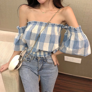 黑藍粉現+追♥️實拍【JinG】經典格紋*一字領斷袖上衣 平口荷葉花邊上衣 格子短袖上衣 縮腰無袖短版上衣