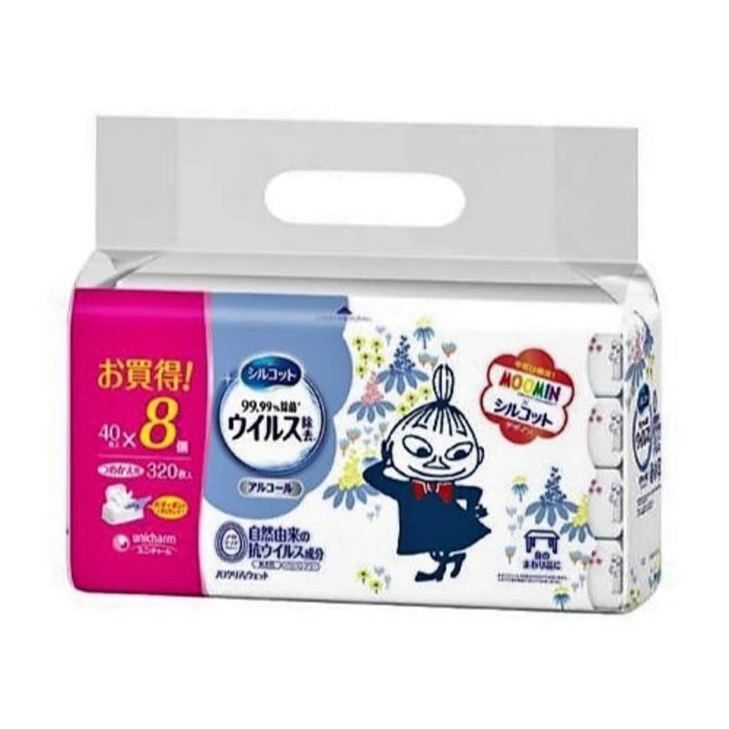 《常來買》日本代購 限量版嚕嚕米Unicharm 絲花除菌濕紙巾補充裝40張八入