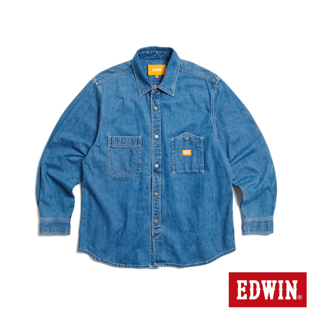 EDWIN 橘標 寬版厚磅牛仔長袖襯衫(石洗藍)-男款