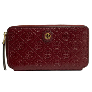 【TORY BURCH】金字LOGO壓印牛皮拉鍊零錢袋長夾(貴妃紅)