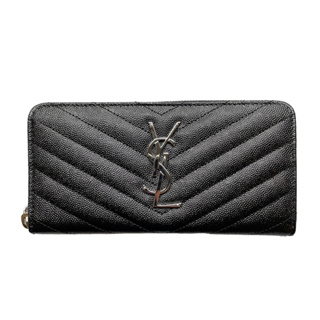 SAINT LAURENT Monogram 魚子醬 牛皮 銀logo 拉鍊式 皮夾 長夾 黑色