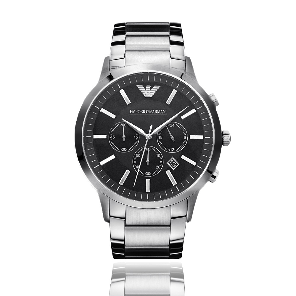 Emporio Armani | 三眼計時手錶 x 黑面 x 白鋼不鏽鋼錶帶 AR2460