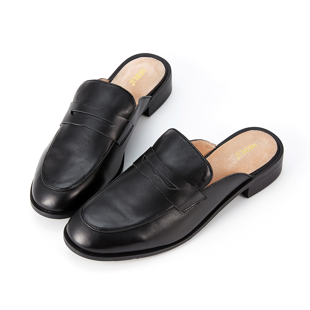 HERLS穆勒鞋 全真皮便仕樂福低跟穆勒鞋 黑色