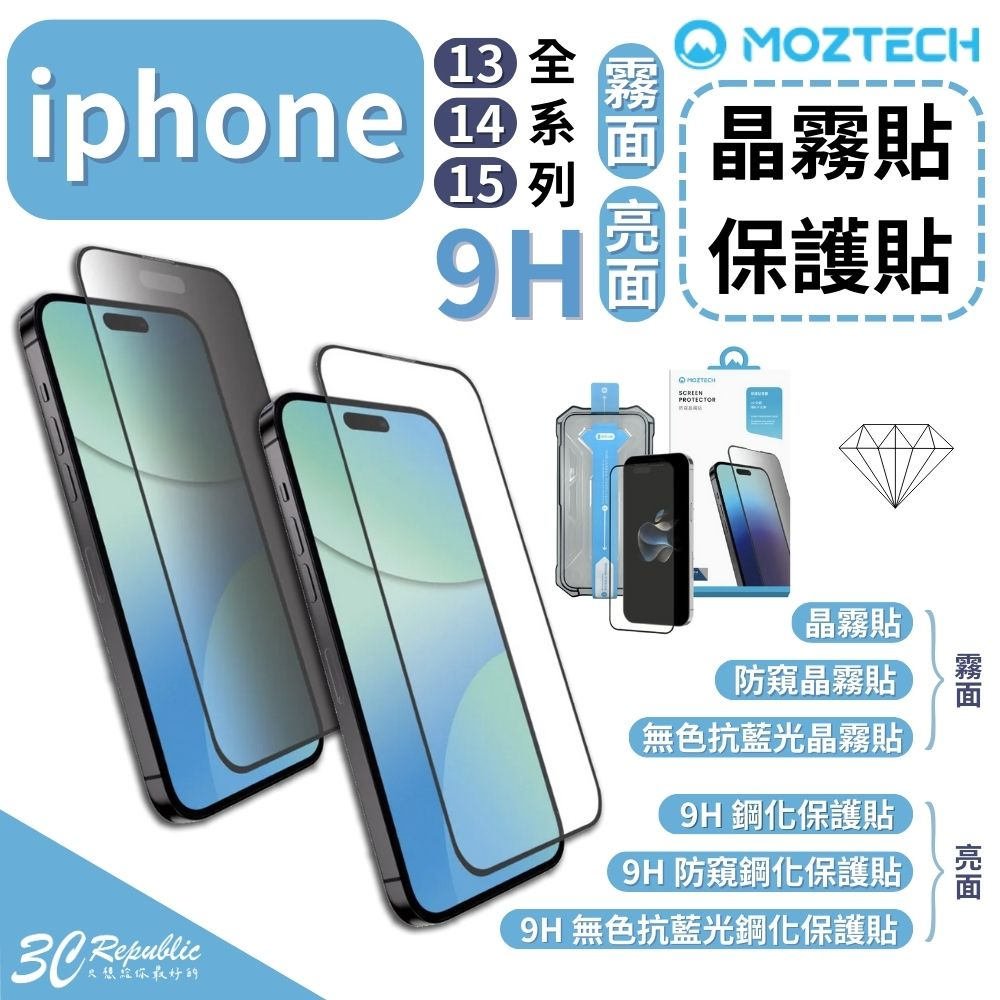 MOZTECH 晶霧 防窺 抗藍光 電競膜 保護貼 玻璃貼 iphone 15 14 13 plus pro max