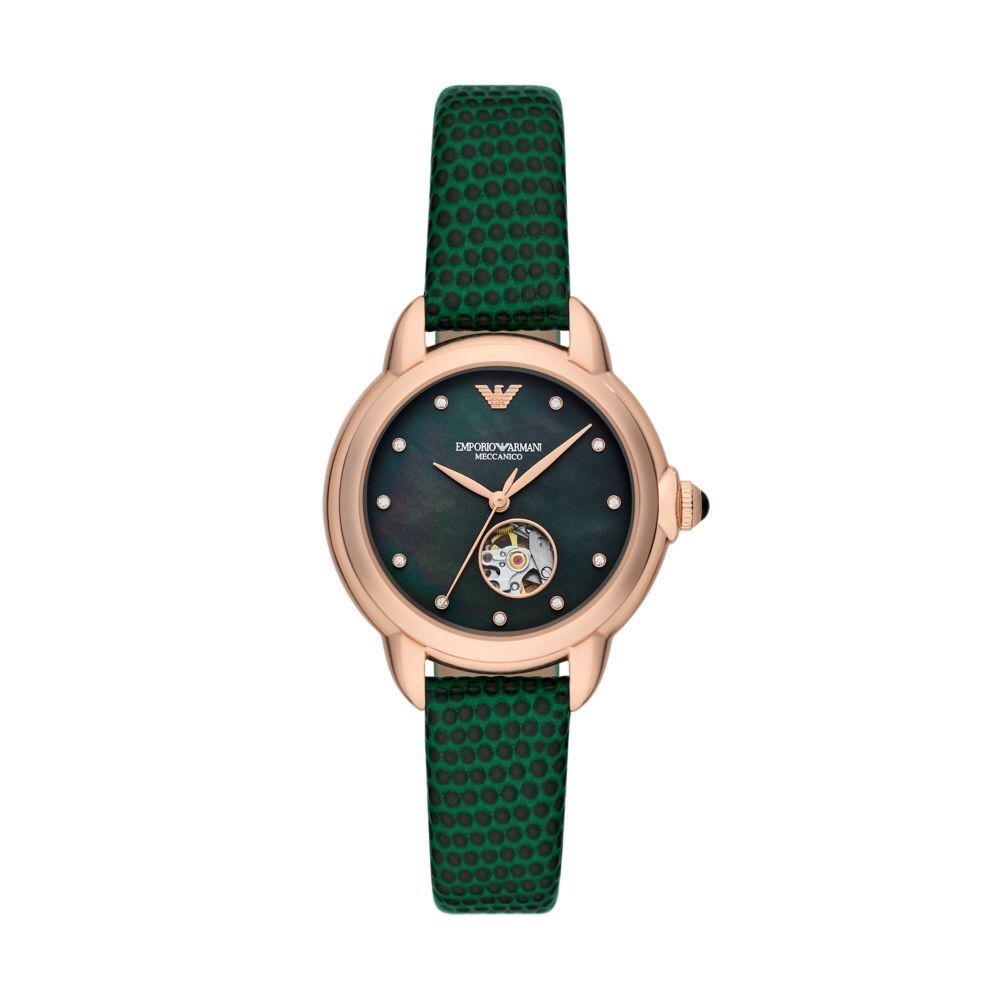 【EMPORIO ARMANI】森林綠復刻古典珠寶感簍空機械錶錶 AR60073 34mm 現代鐘錶