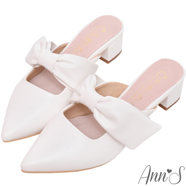 Ann’S柔美心動-立體蝴蝶結低跟粗跟穆勒尖頭鞋4cm-白