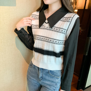 雅麗安娜 上衣 打底衫 針織衫S-XL法式小清新拼接假兩件襯衫甜美氣質時尚顯瘦上衣T435-7871.
