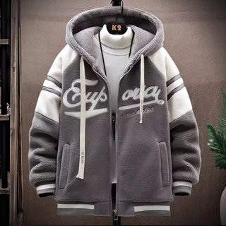 M-8XL 羊羔絨 連帽外套 拼接撞色 棒球外套 棒球連帽外套 港風男外套 毛絨外套情侶 教練夾克 休閒連帽 男女款