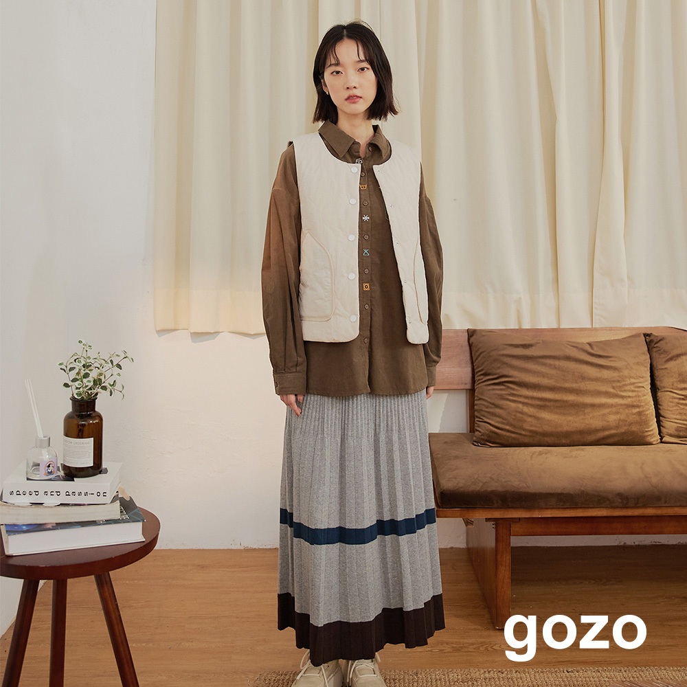 【gozo】配色條紋百褶毛衣裙(灰色/黑色_F) | 女裝 修身 百搭