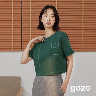 【gozo】好比例口袋壓線短版上衣(黑色/深綠_F) | 女裝 圓領 休閒