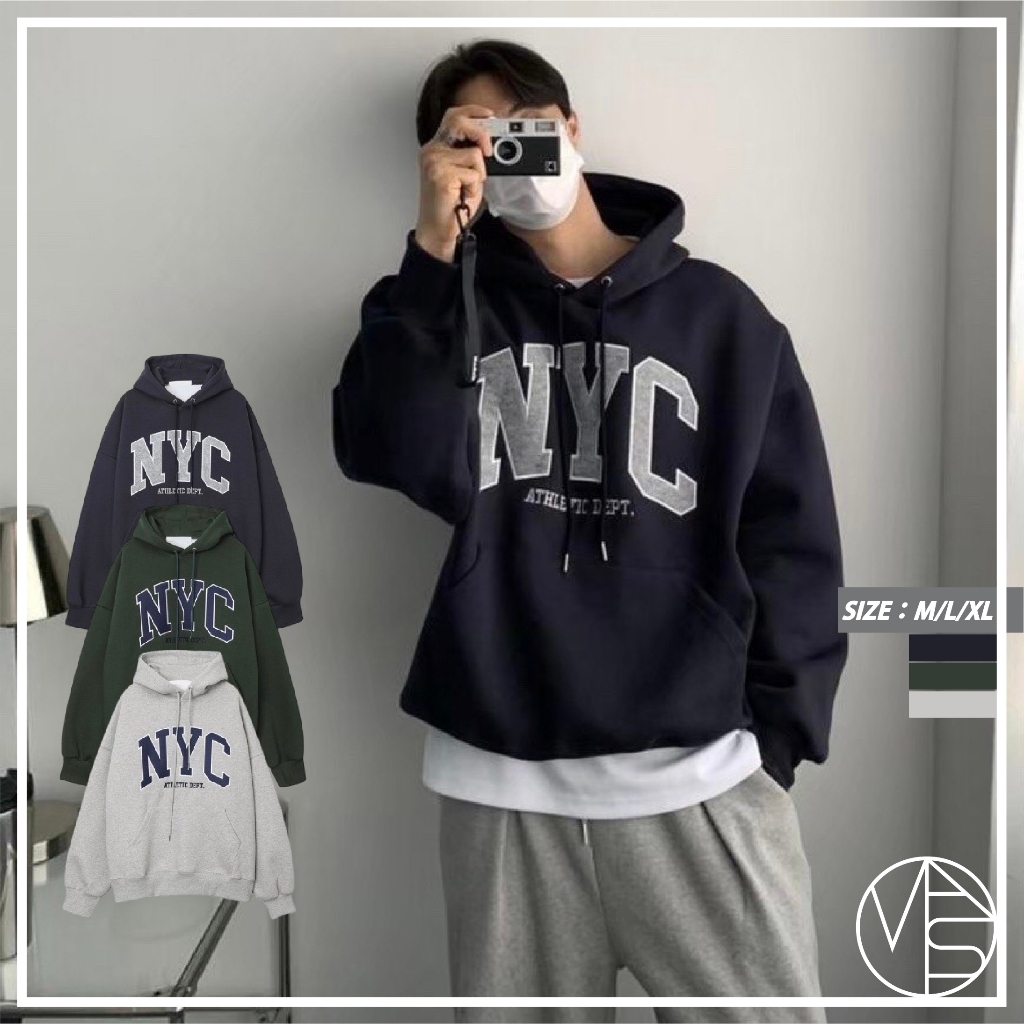 【MAKEA.STYLE】韓國 NYC 貼布刺繡 內刷毛帽T 長袖上衣 刷毛上衣 大學T 長T 帽T 韓國男裝