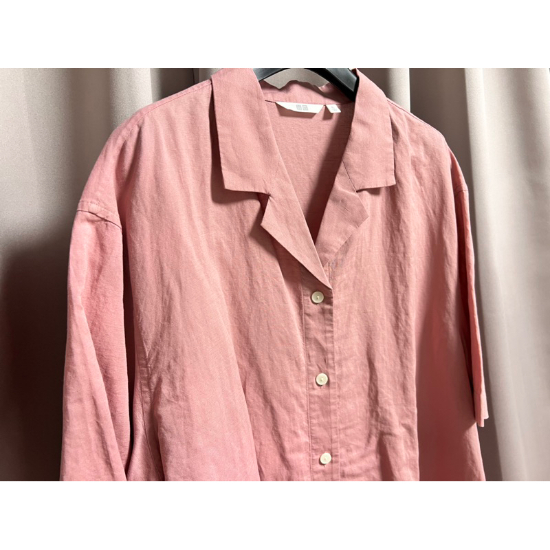 全新轉賣✨春夏必備古巴領嫘縈亞麻襯衫 短袖襯衫 粉色 玫瑰粉 Uniqlo