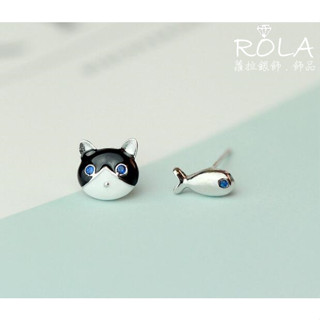 ROLA蘿拉銀飾.飾品 “現貨當天出”//一對價// 藍眼黑白貓咪小魚不對稱925純銀耳針耳環養耳針 動物