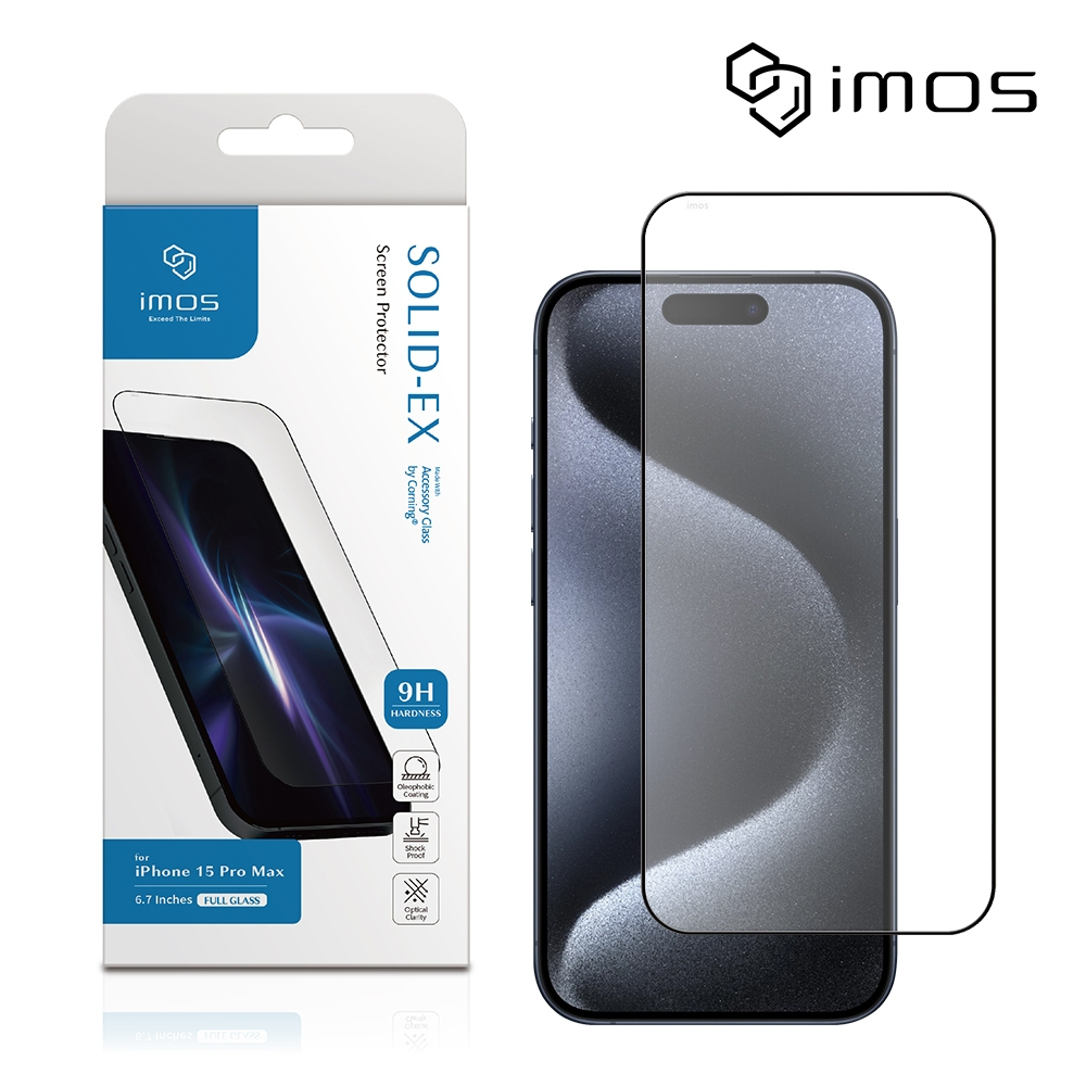 現貨免運【IMOS】iPhone15 Pro Max 9H (2.5D高透) 超細黑邊滿版康寧玻璃保護貼 現貨