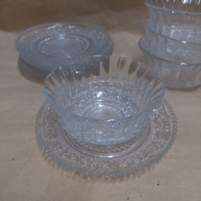 二手 花紋玻璃點心碗盤, 沙拉碗盤 (碗4個, 盤5個),整組出售