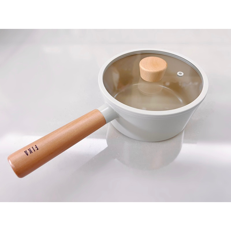 Neoflam 單把小湯鍋 含玻璃蓋 米白 奶油白 FLKA系列 鑄造不沾 18cm 木質手柄 單柄湯鍋 牛奶鍋 雪平鍋