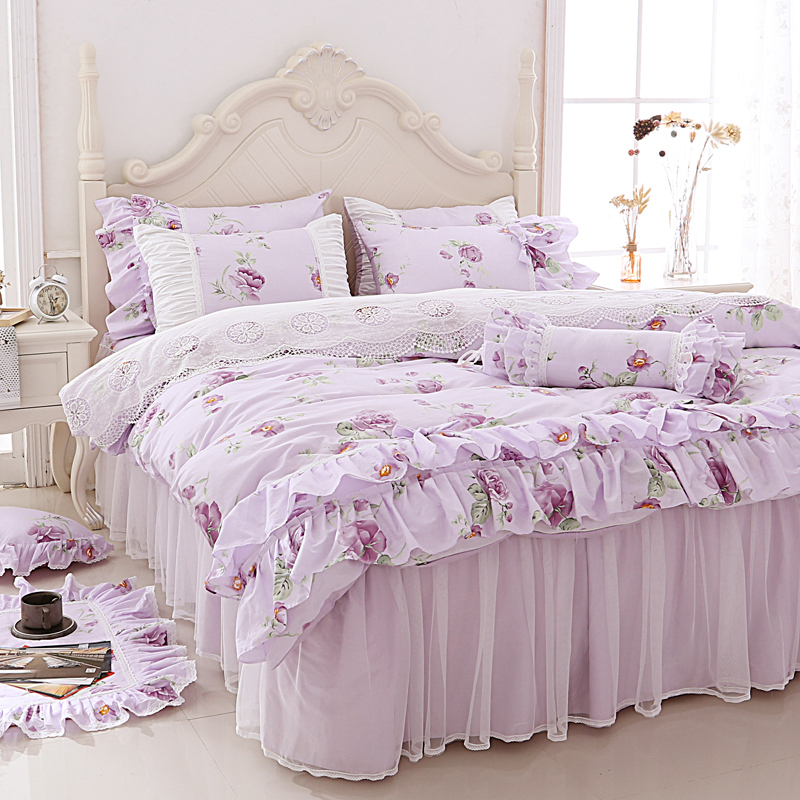紫色 碎花 蕾絲 床罩組 床裙組 標準雙人 加大雙人 含隱藏床包 不滑動