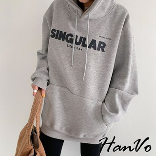 【HanVo】字母SINGULAR棉質連帽帽T 韓版舒適百搭休閒寬鬆衣 韓系女裝 女生衣著 A02-1961