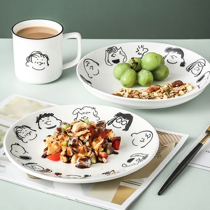 史努比陶瓷碗盤 北歐風餐盤 早餐盤 經典黑白 深盤 淺盤 簡約