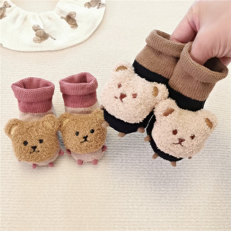 韓國ins風刺繡小熊春秋季嬰兒學步襪保暖襪子 寶寶防滑地板襪腳套