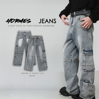 [HORMES] 韓國 重磅 牛仔長褲 特殊風格 雙口袋 拼布 直筒 闊腿 寬鬆版型 男女皆可 長褲