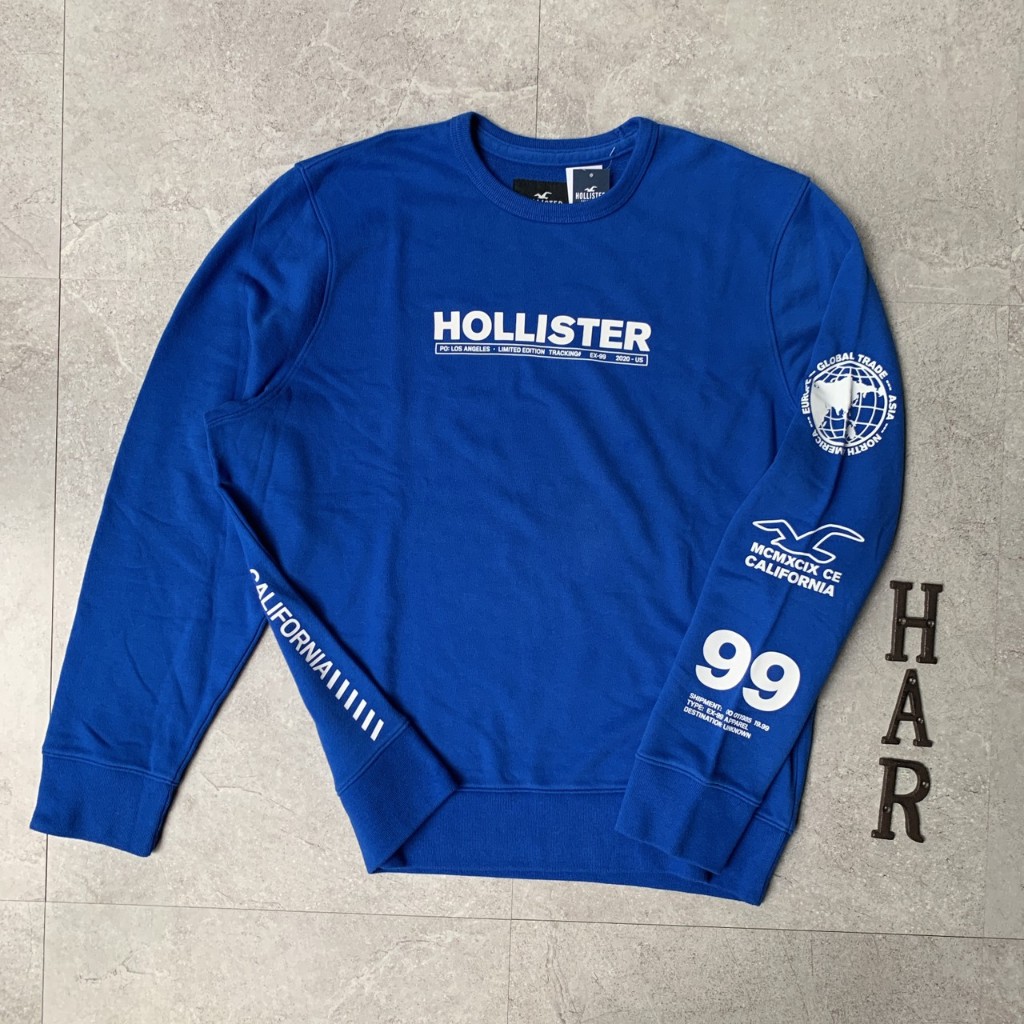 [海鹿馬]Hollister 海鷗 大學T 圓領長袖 男女可穿 無刷毛 經典刺繡 寶藍