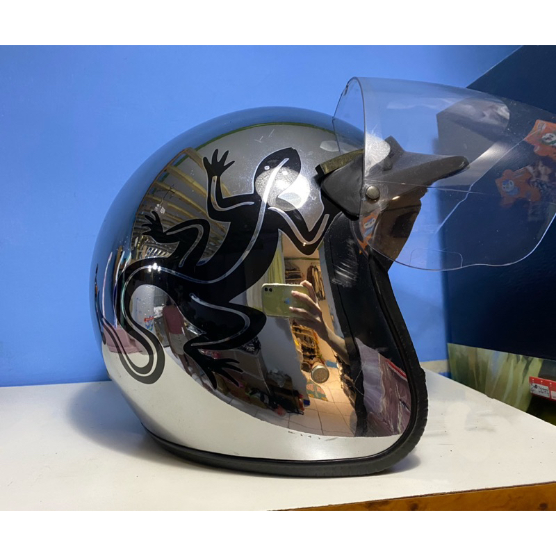 agnes b SPORT b 2016年限定版 蜥蜴LOGO金屬銀色鏡面安全帽 限量半罩3/4罩飛行員