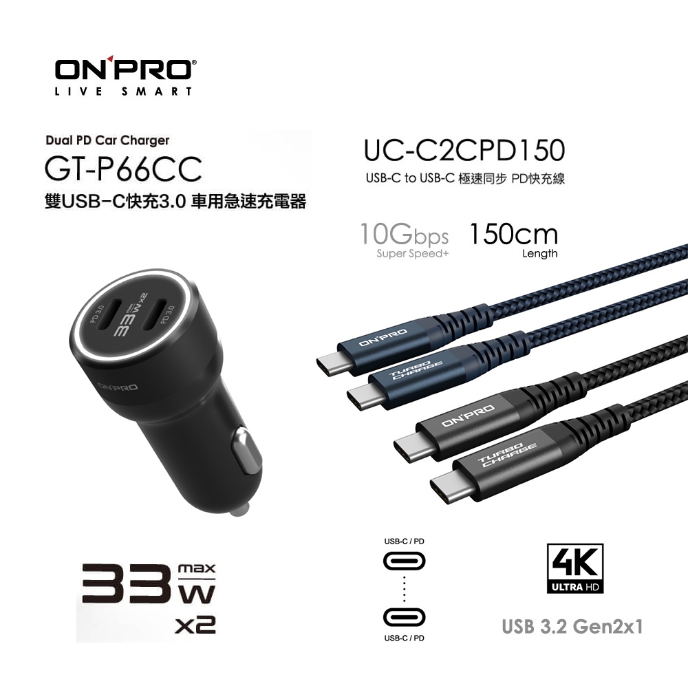 ONPRO GT-P66CC PD USB-C PD快充車充+UC-C2CPD150 雙Type-C PD快充線