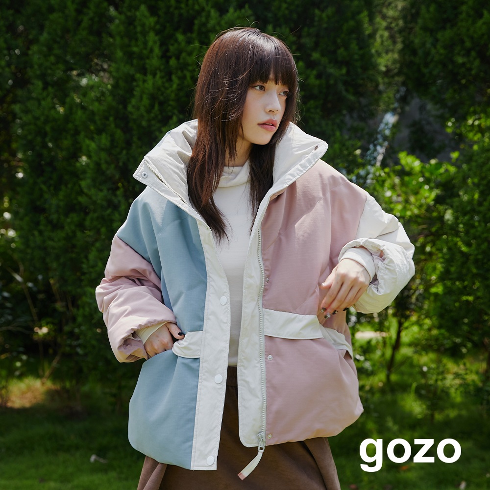 【gozo】蓬鬆拼色高領羽絨外套(粉色/淺卡其/卡其_F) | 女裝 修身 保暖 保暖外套 羽絨外套 短版外套 冬天外套
