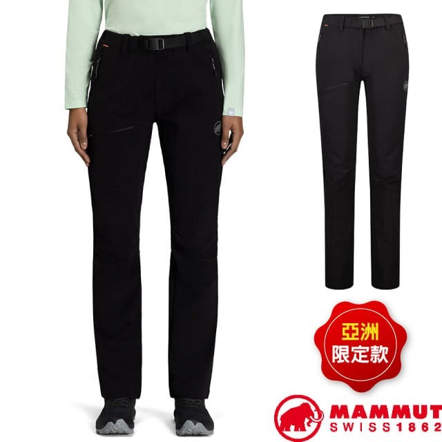 【MAMMUT 長毛象】女 款 日系保暖軟殼褲 防潑水保暖長褲(附腰帶) 登山褲 彈性透氣休閒長褲_黑_01220