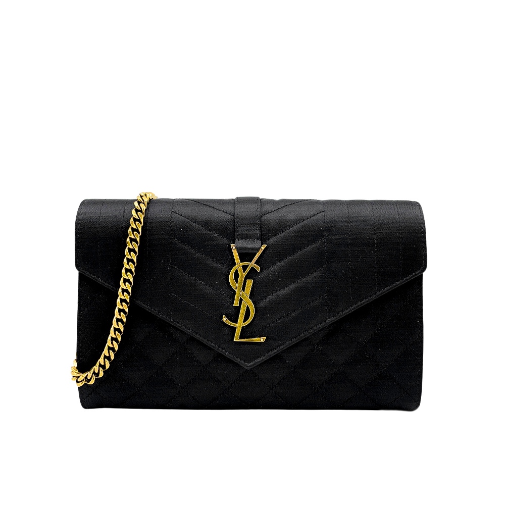 YSL Mix Matelasse 絲緞壓紋金鍊手拿信封斜背包(620280-黑)