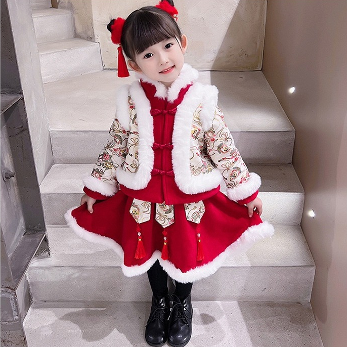 兒童漢服 過年服裝 紅色洋裝 兒童漢服拜年服 冬季加絨保暖裙子套裝 中國風古裝唐裝過年寶寶拜年服 洋裝 過年童裝