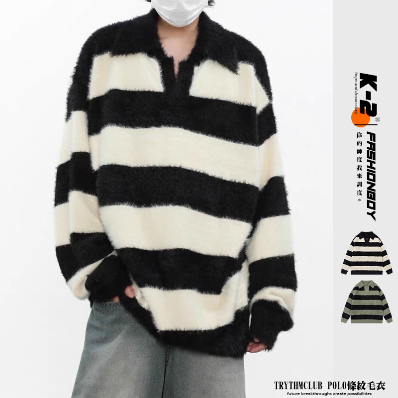 【K-2】TRYTHM CLUB POLO 海馬毛 開襟 條紋毛衣 針織毛衣 粗條紋 寬鬆 毛衣【DTR-27026】