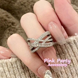 【戒指】韓國時尚 精緻璀璨 水鑽鋯石交錯寛版戒指 開口戒 PinkParty❤韓系飾品