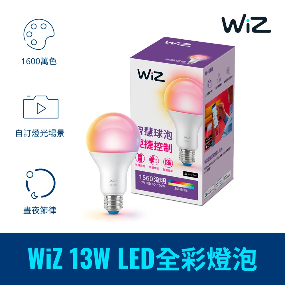 Philips 飛利浦 WIFI WiZ 智慧照明 13W LED全彩燈泡 智能燈泡 氣氛燈泡 (PW019)