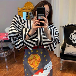 全新韓國早春洋氣圓領黑白條紋寬鬆設計泡泡袖襯衫上衣熟女款法式