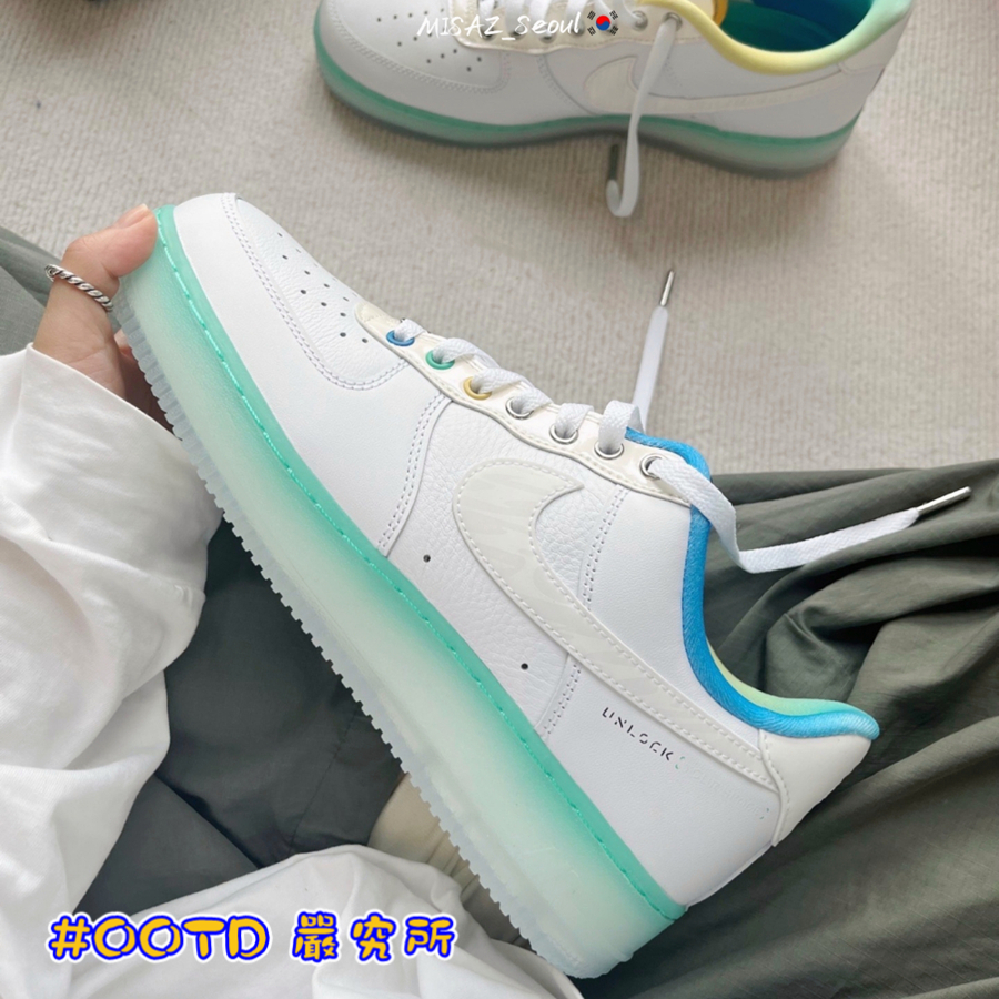 新款Nike 休閒鞋 Air Force 1 07 PRM 白 藍綠 漸層 男女鞋 藍綠漸層 反光FJ7066-114