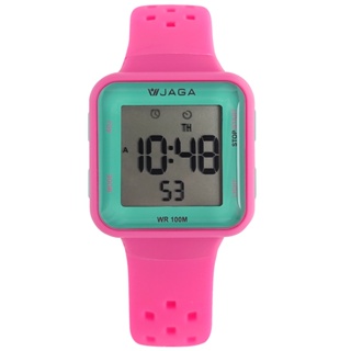JAGA 捷卡 / 方型電子 計時 鬧鈴 防水100米 透氣矽膠手錶 粉綠色 / M1215-GF / 32mm