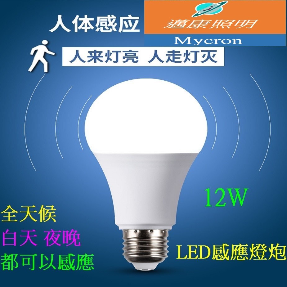 (邁康照明) LED感應燈泡 12W   LED微波雷達感應燈泡   全天候型 白天 夜晚 都可以能感應