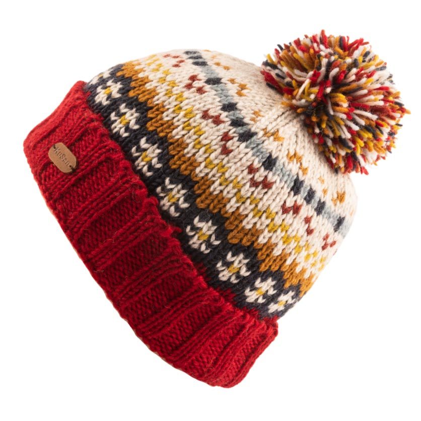 【Hilltop山頂鳥】KuSan 多色針織花紋毛球保暖羊毛帽 紅｜PH41XXZ5KUH0
