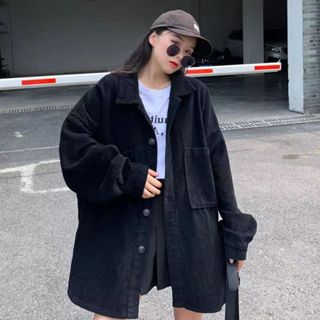 GUGUPLUS 中大尺碼女裝 春秋裝韓版燈芯絨長袖風衣 寬鬆外套 顯瘦外套 黑色外套