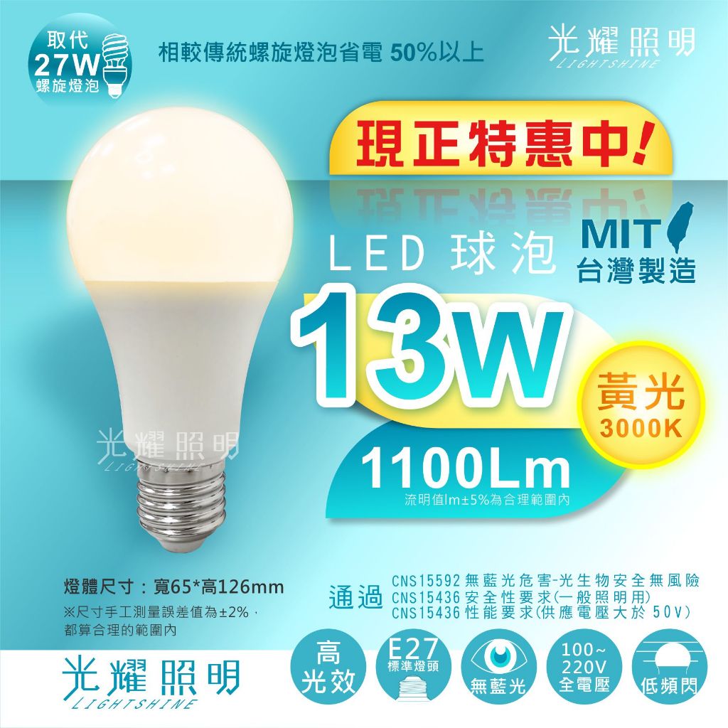 優惠 驚爆價 50元 LED E27 燈泡 球泡 13W 黃光 取代螺旋27W 無藍光 高透光 無紫外線 通過CNS
