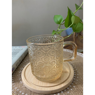 【現貨】ins風復古浮雕花玻璃琥珀色馬克杯冰美式咖啡杯拿鐵杯牛奶杯