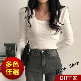 【DIFF】韓版方領露鎖骨針織上衣 毛衣 長袖上衣 女裝 衣服 寬鬆上衣 顯瘦上衣 長袖t恤 冬裝 發熱衣【W394】