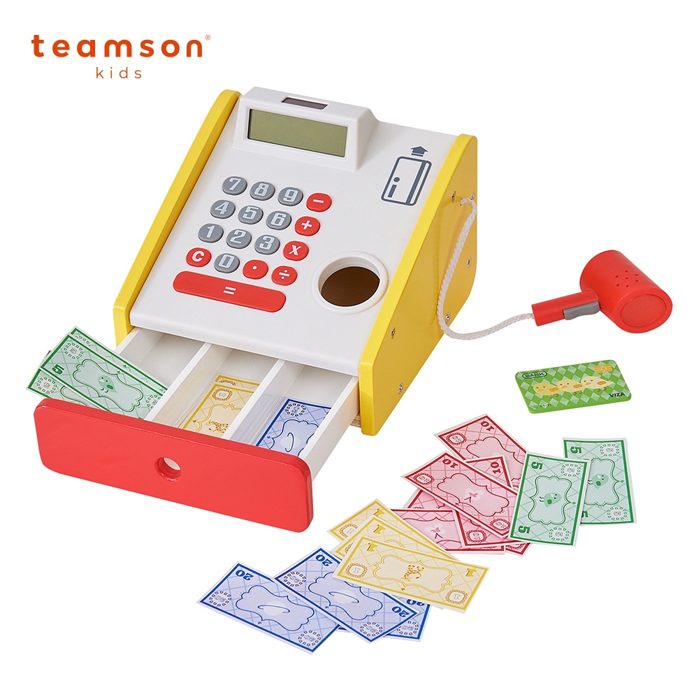 Teamson 小老闆木製聲光收銀機玩具組(附玩具鈔+信用卡)