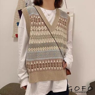 GOFO 背心 韓系顯瘦 學院風 復古拚色 民族風 V領針織背心 外搭背心 毛衣背心 女生背心 春季女裝 冬季服飾