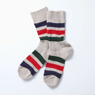 日本ROTOTO粗獷自然紋理微厚時尚條紋混羊毛中筒襪米色