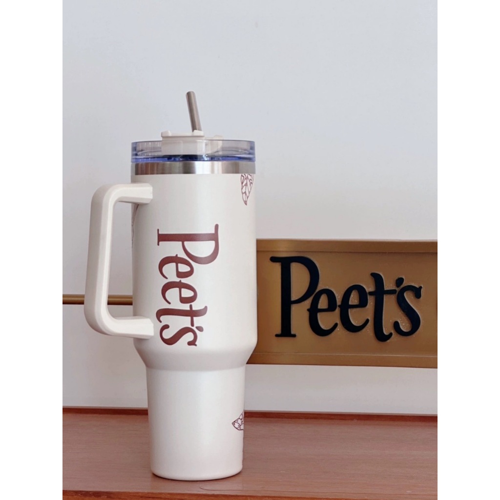 Peet's Coffee官方正品！皮爺杯子peets白色咖啡花大容量不銹鋼吸管隨行杯1.2L咖啡杯果汁珍奶茶奶昔茶水杯