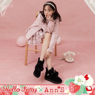 HELLO KITTY X Ann’S顯腳小 皮標球球蝴蝶結V口顯瘦低筒真皮雪靴3cm-黑